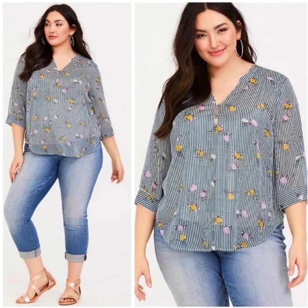 TORRID Harper Metallic Green Floral Striped Pullover Popover Blouse Top 4 4x